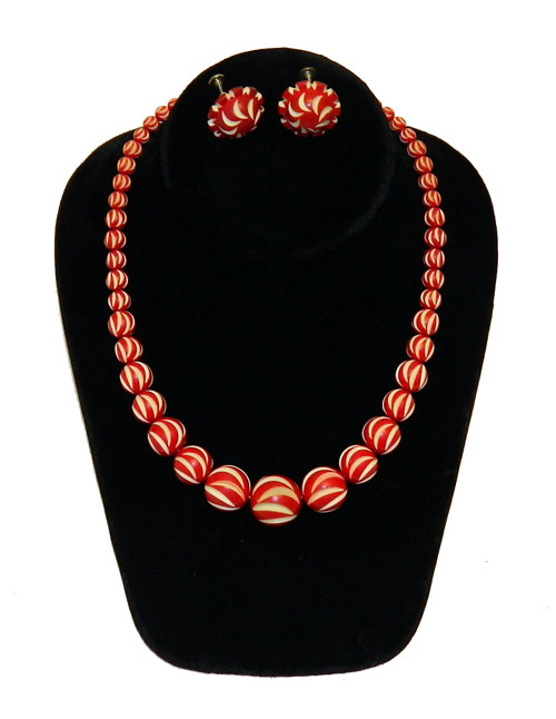 1930's carved celluloid beaded necklace and earring set