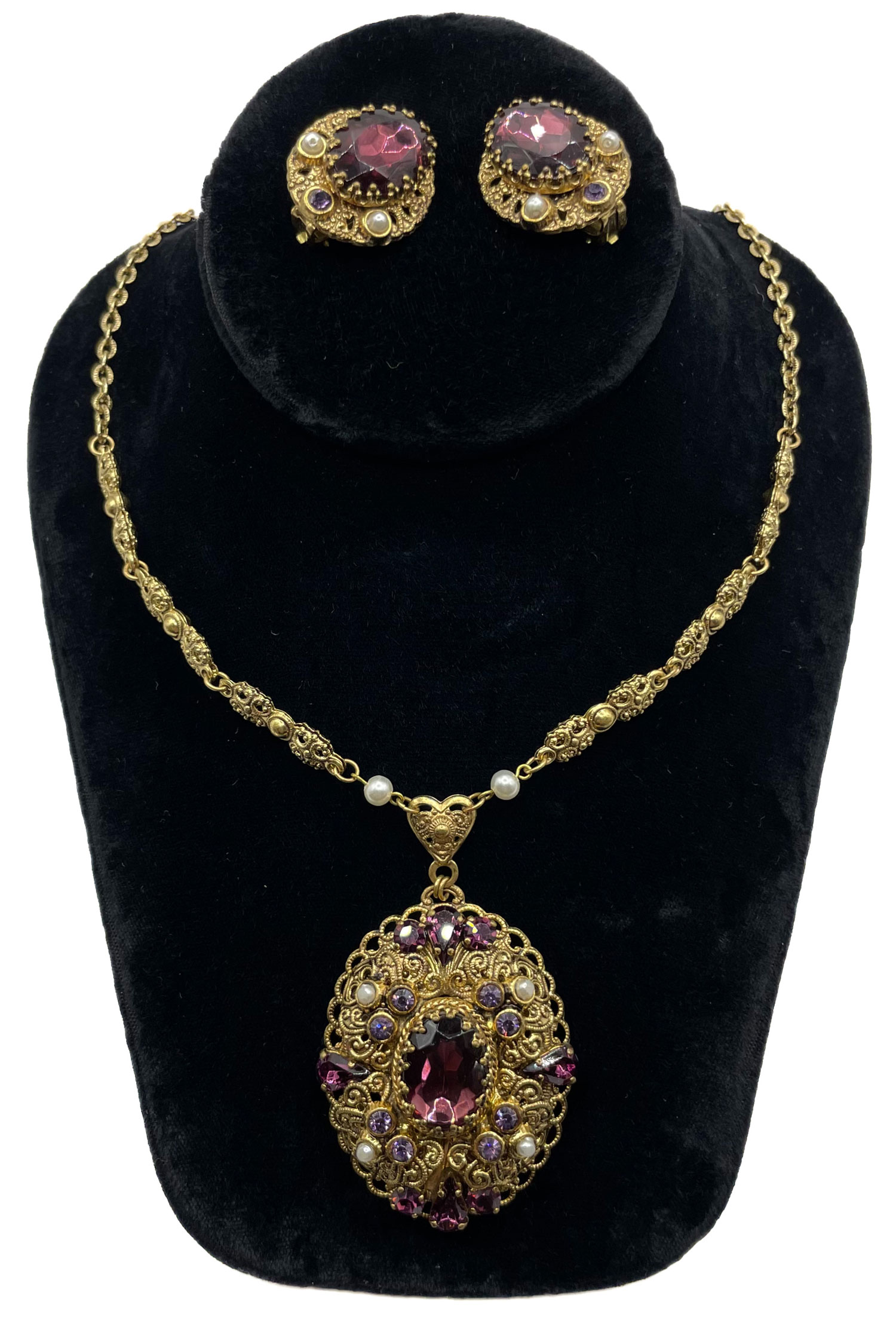 Rhinestone pendant necklace and earring set