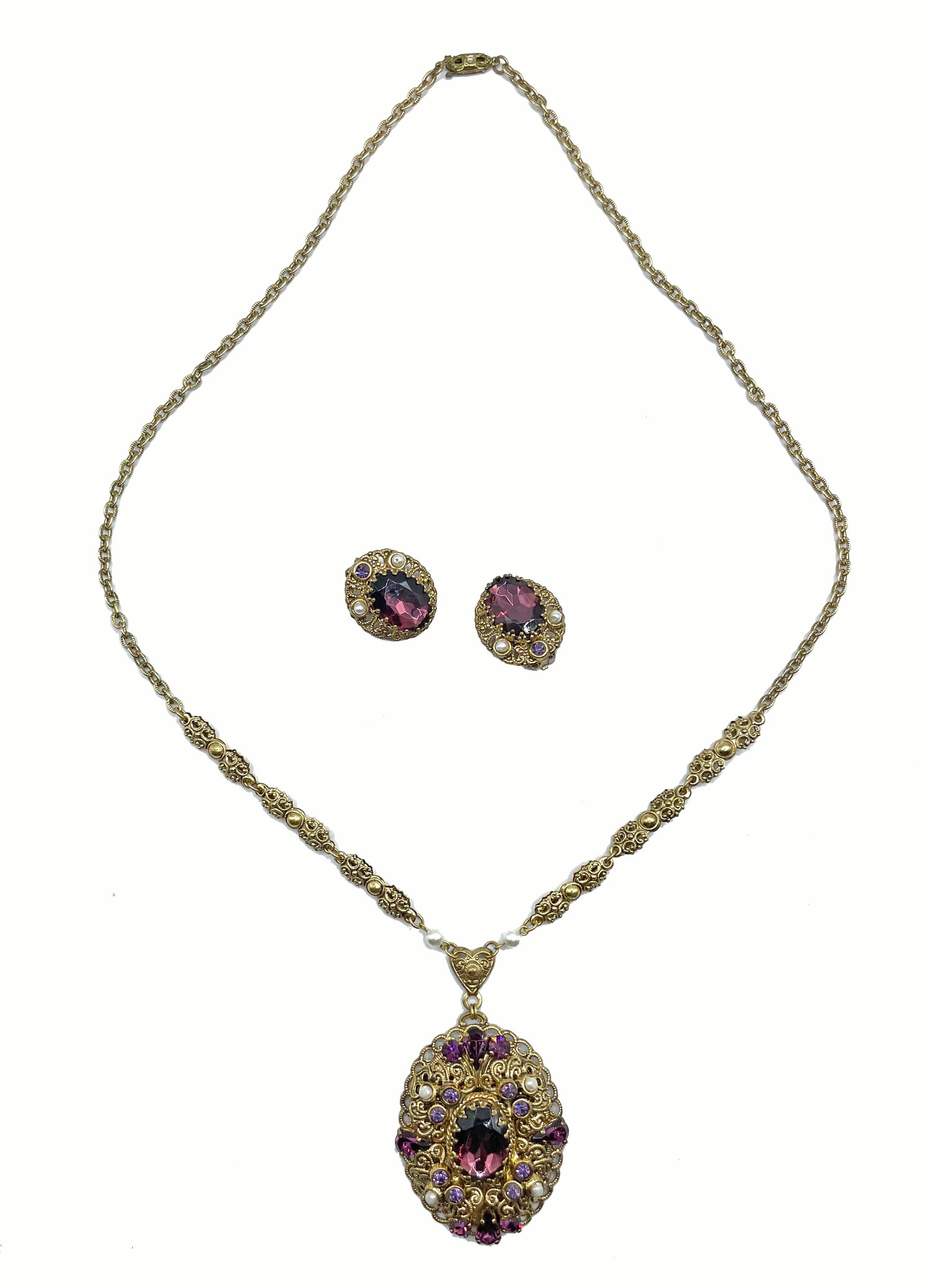 Rhinestone pendant necklace and earring set