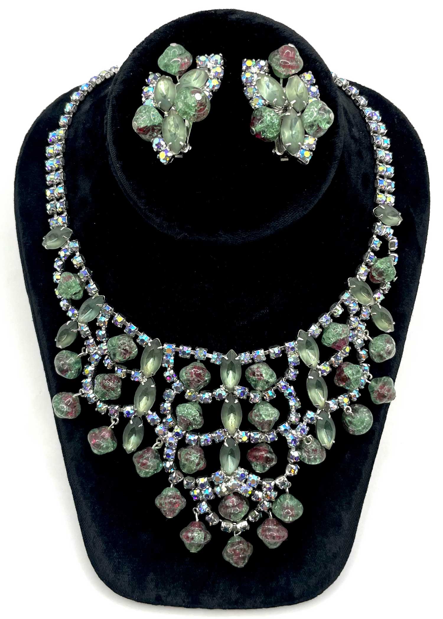 Green rhinestone demi parure runway necklace