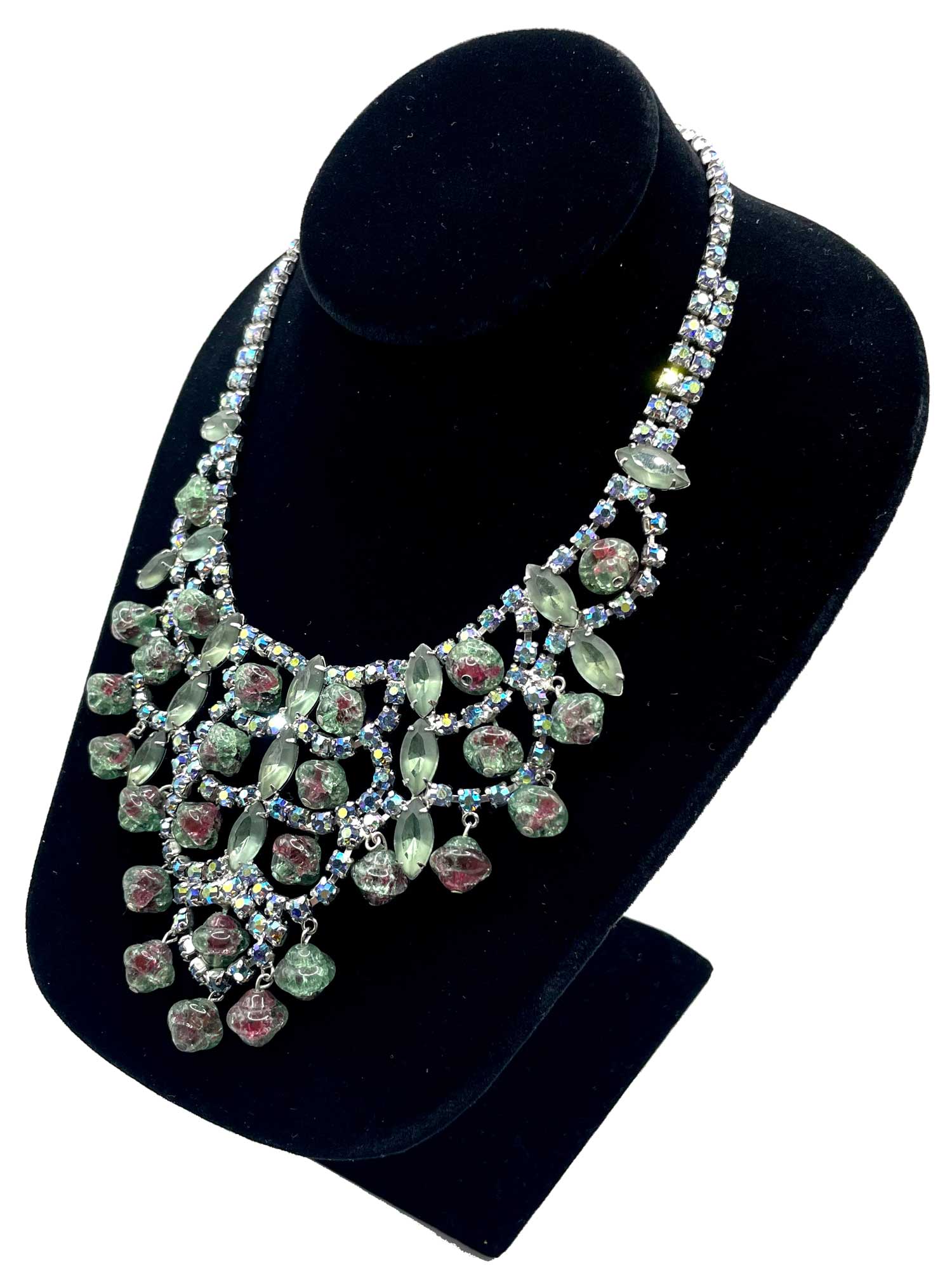 Green rhinestone demi parure runway necklace