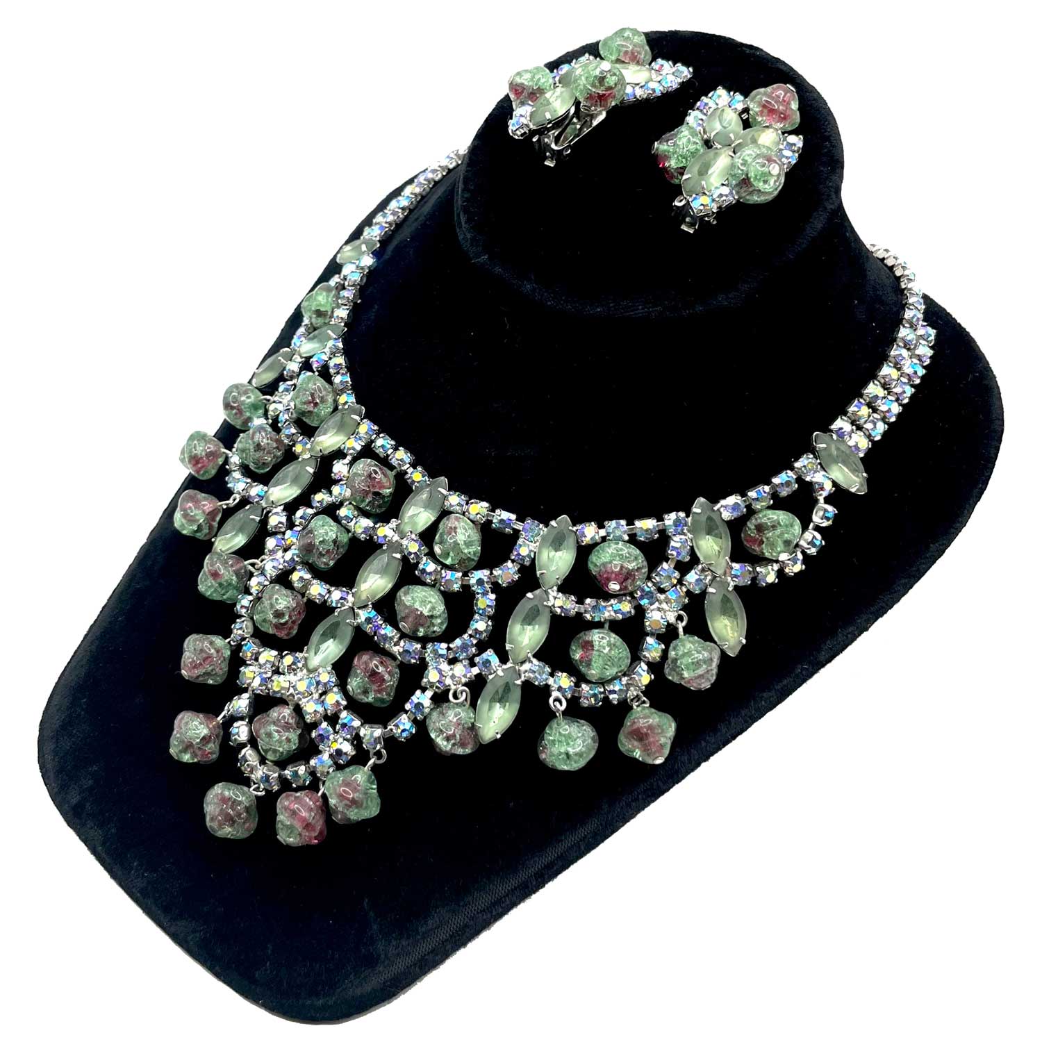 Green rhinestone demi parure runway necklace