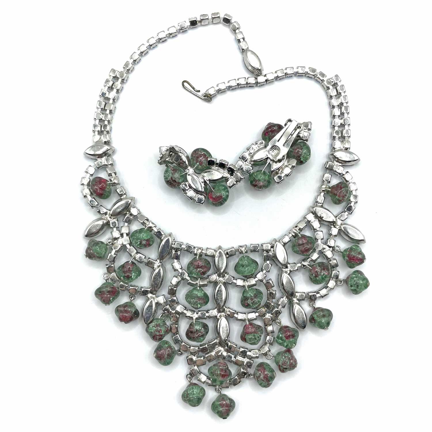 Green rhinestone demi parure runway necklace