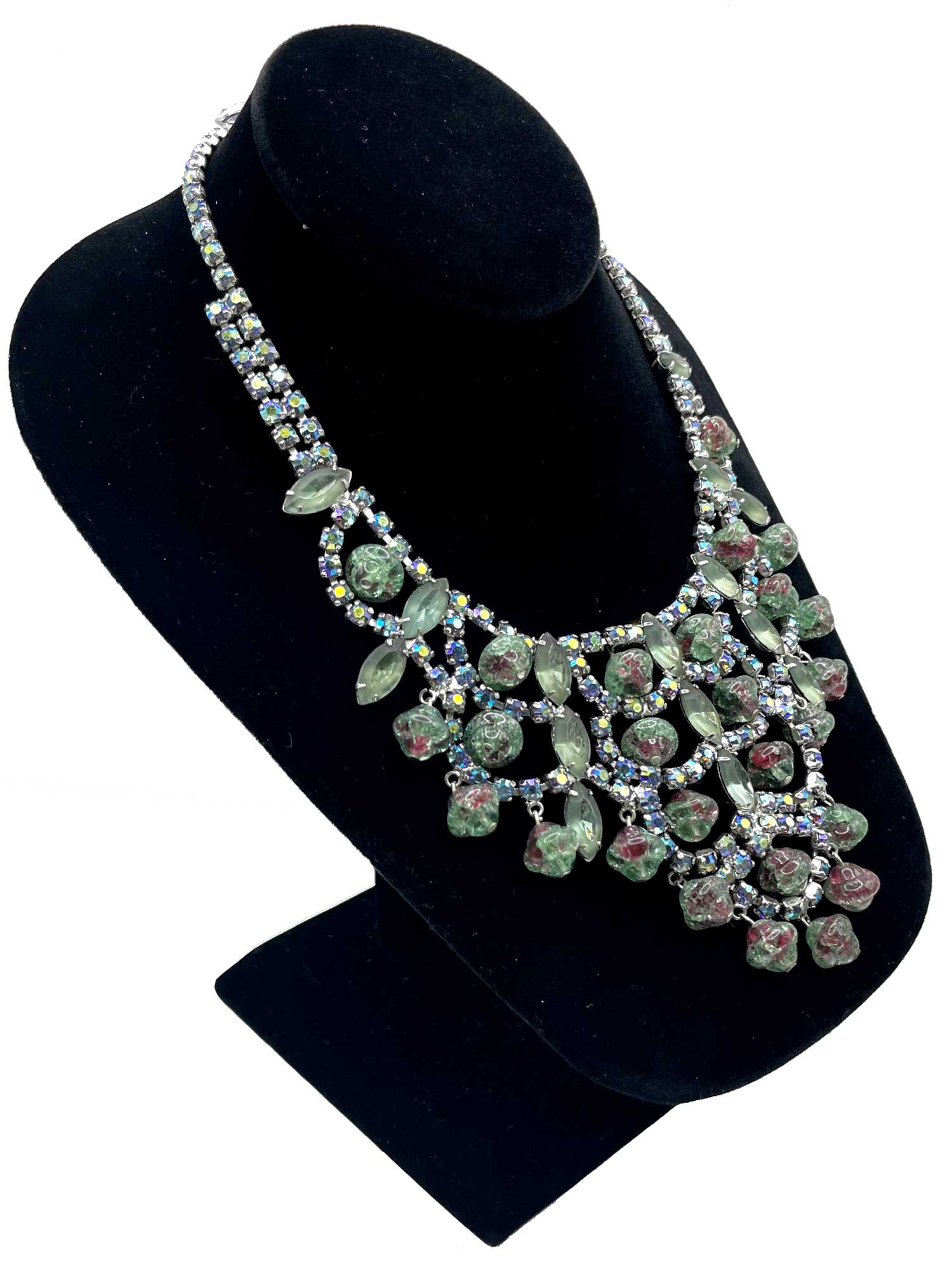 Green rhinestone demi parure runway necklace