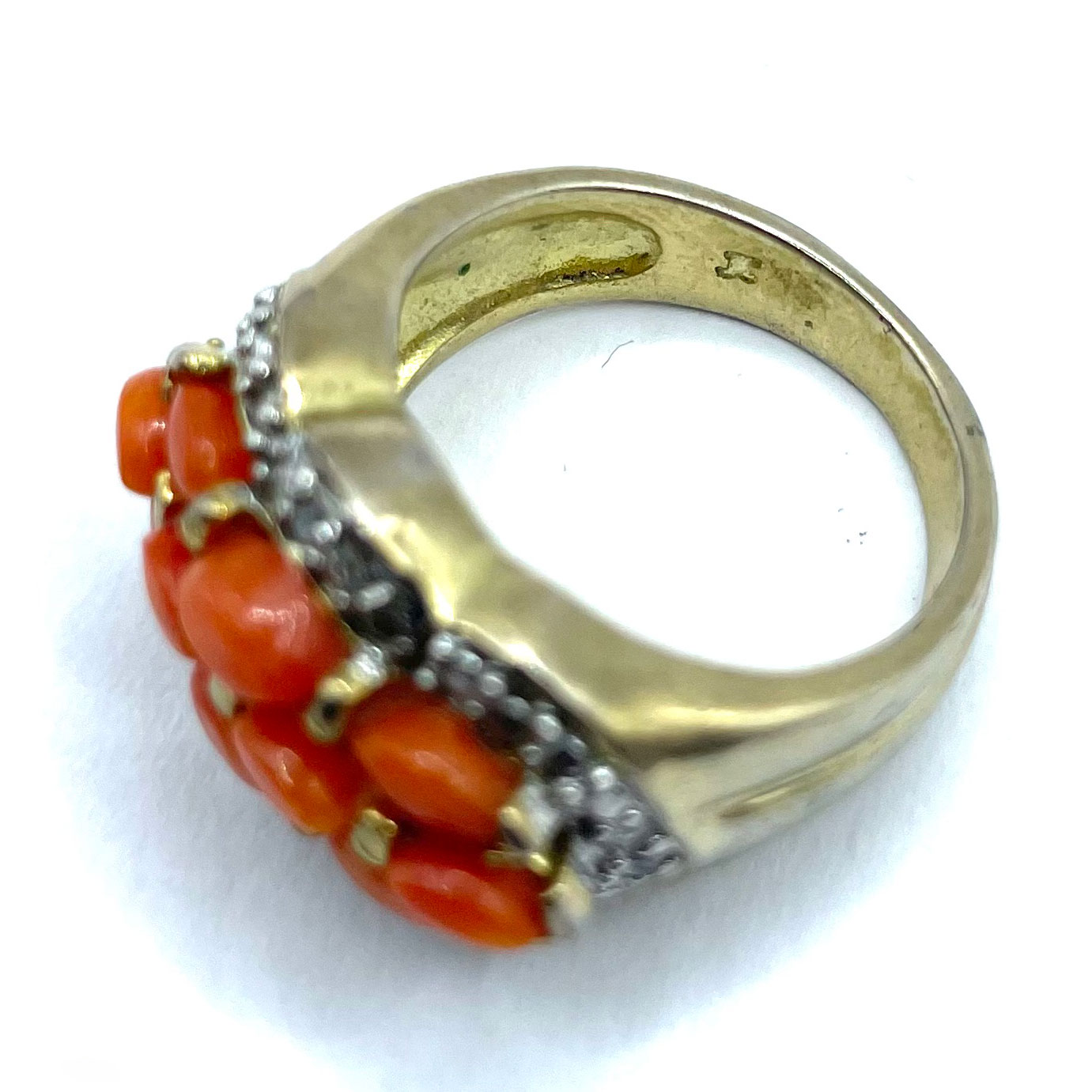 Sterling silver coral and diamond ring