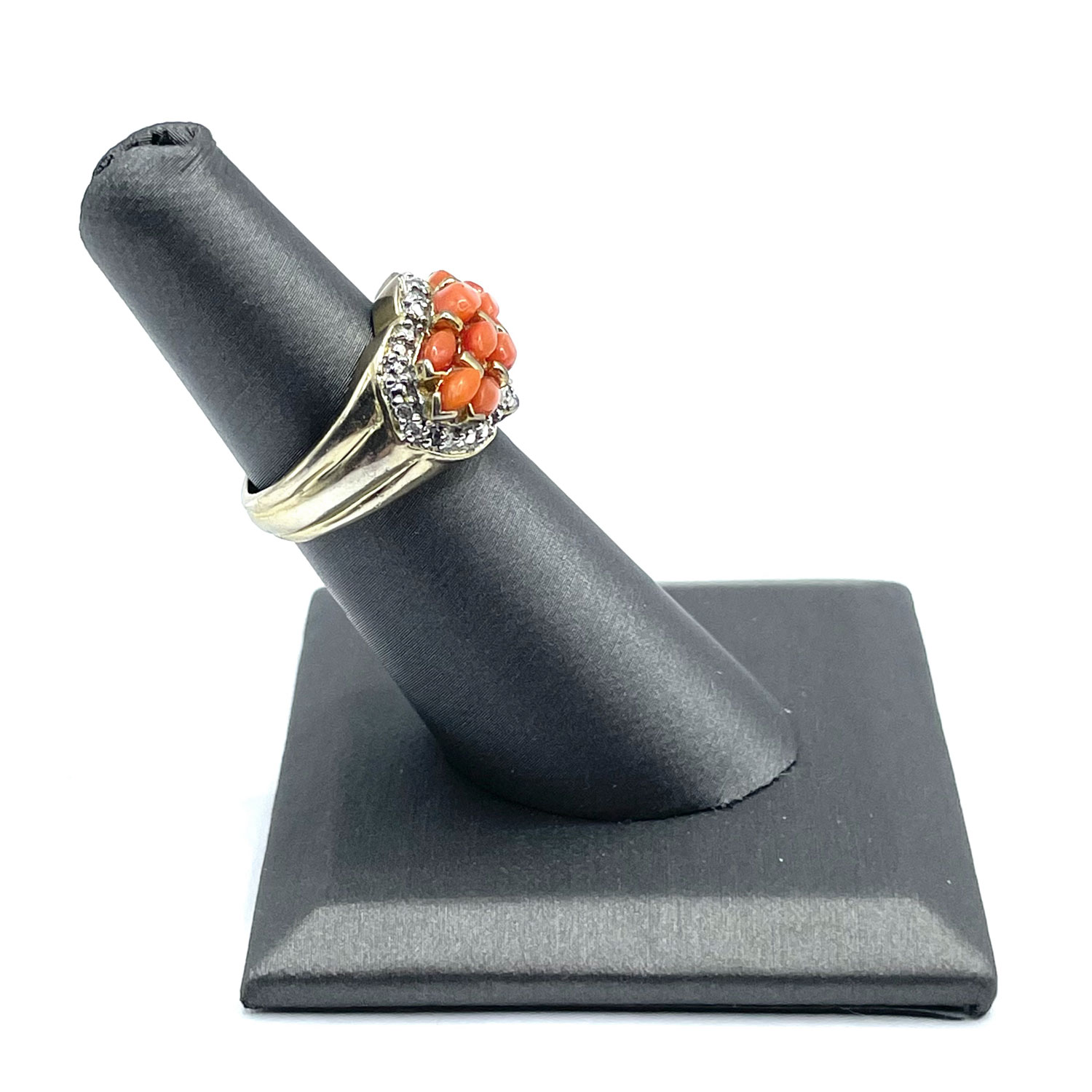 Sterling silver coral and diamond ring