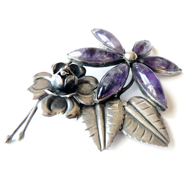 Mexican silver amethyst brooch