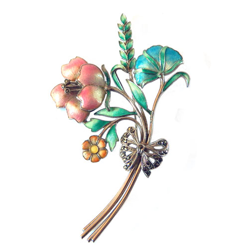 Sterling silver Guilloche enameled brooch