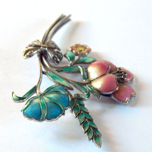 Sterling silver Guilloche enameled brooch