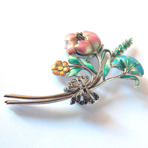 Enameled sterling floral brooch