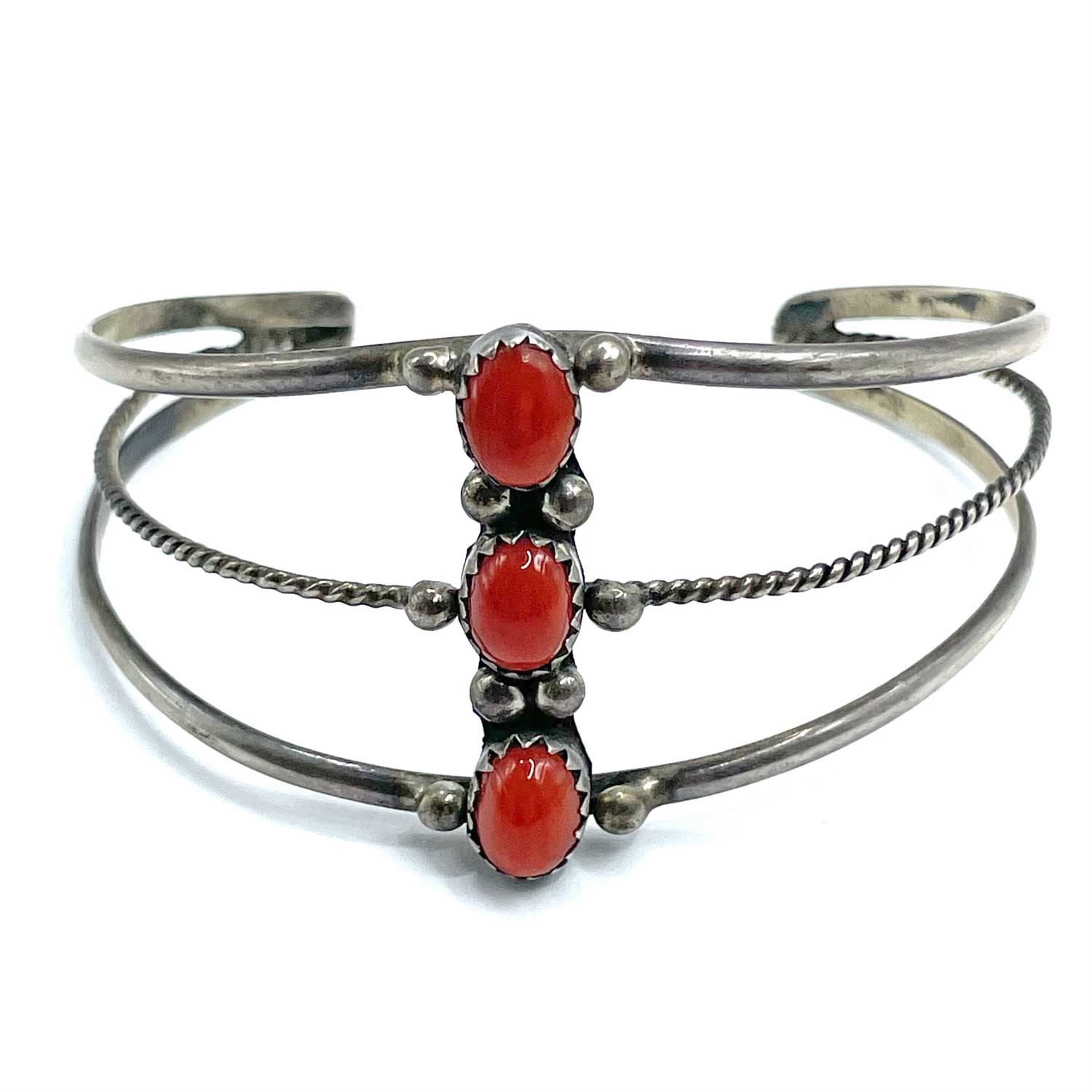 Coral cabochon Navajo style cuff bracelet