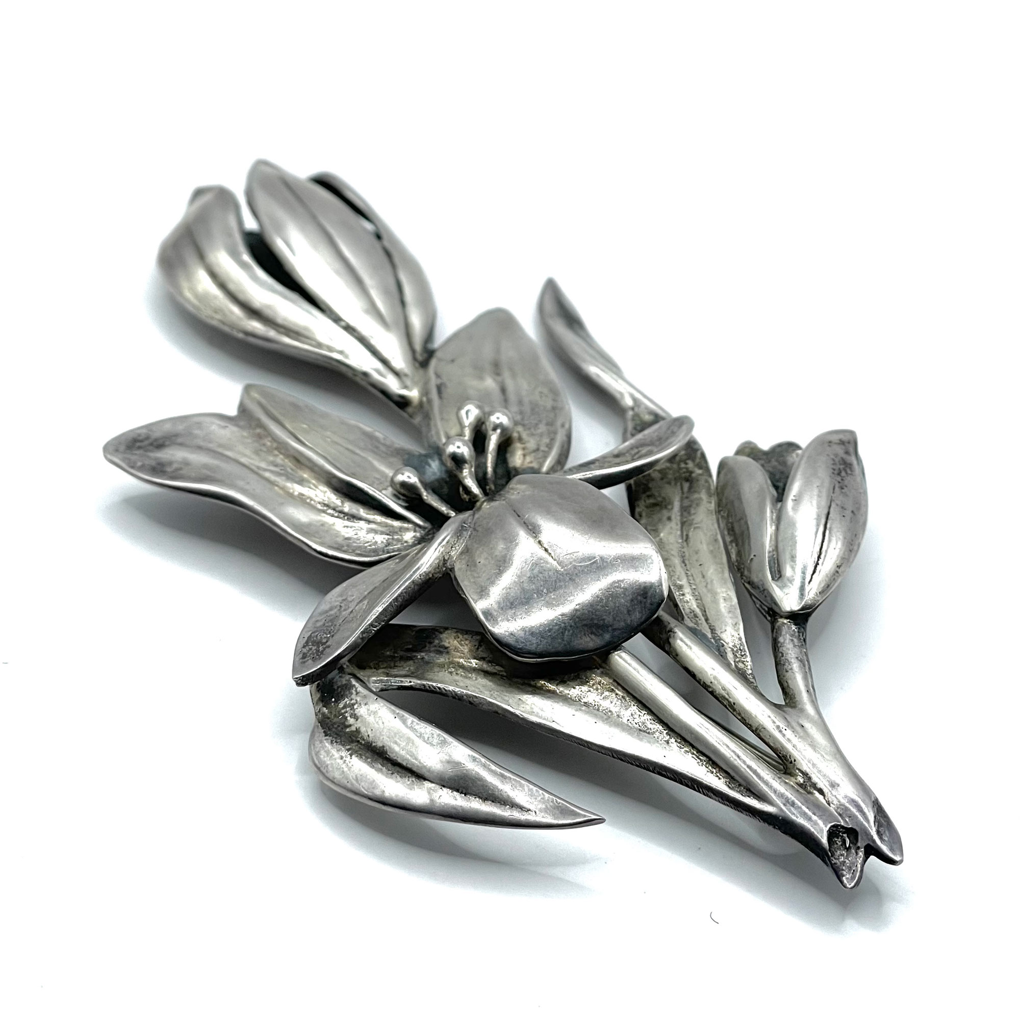 Large hand crafted sterling silver flower brooch