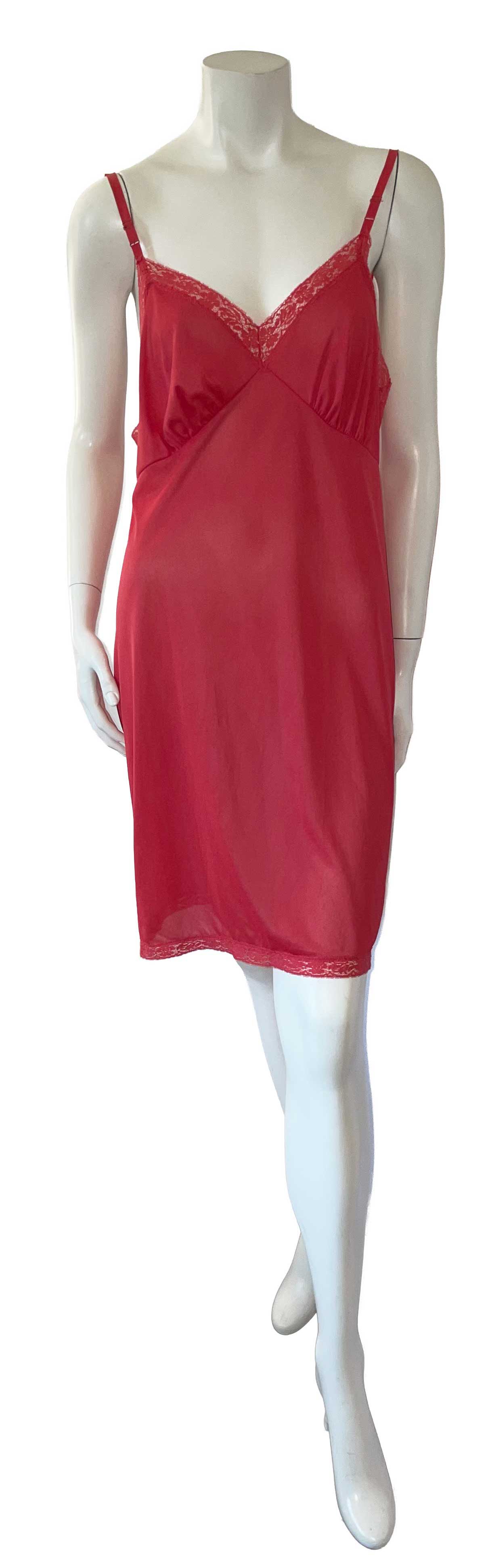 Vintage red nylon lace trimmed slip