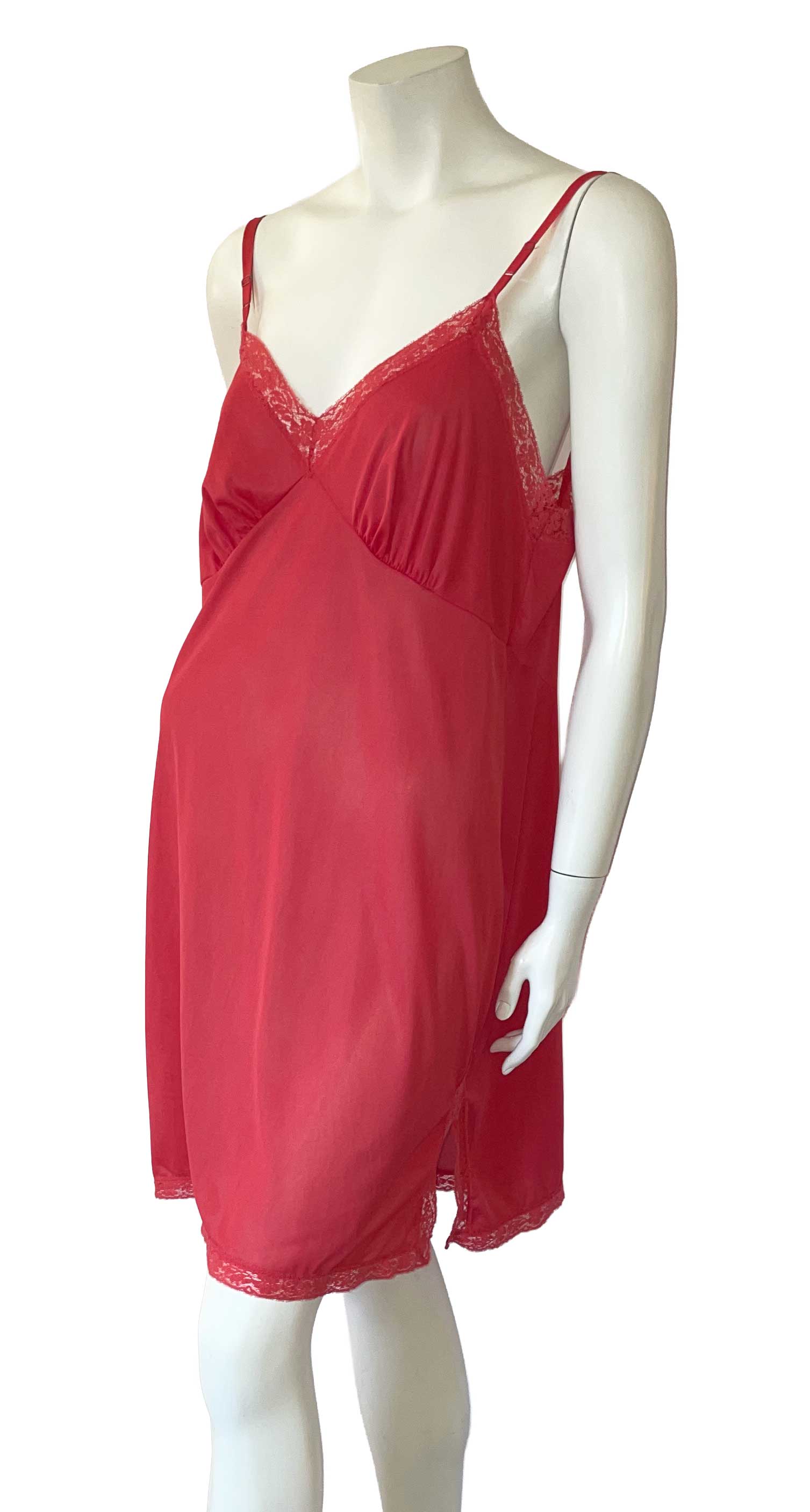 Vintage red nylon lace trimmed slip