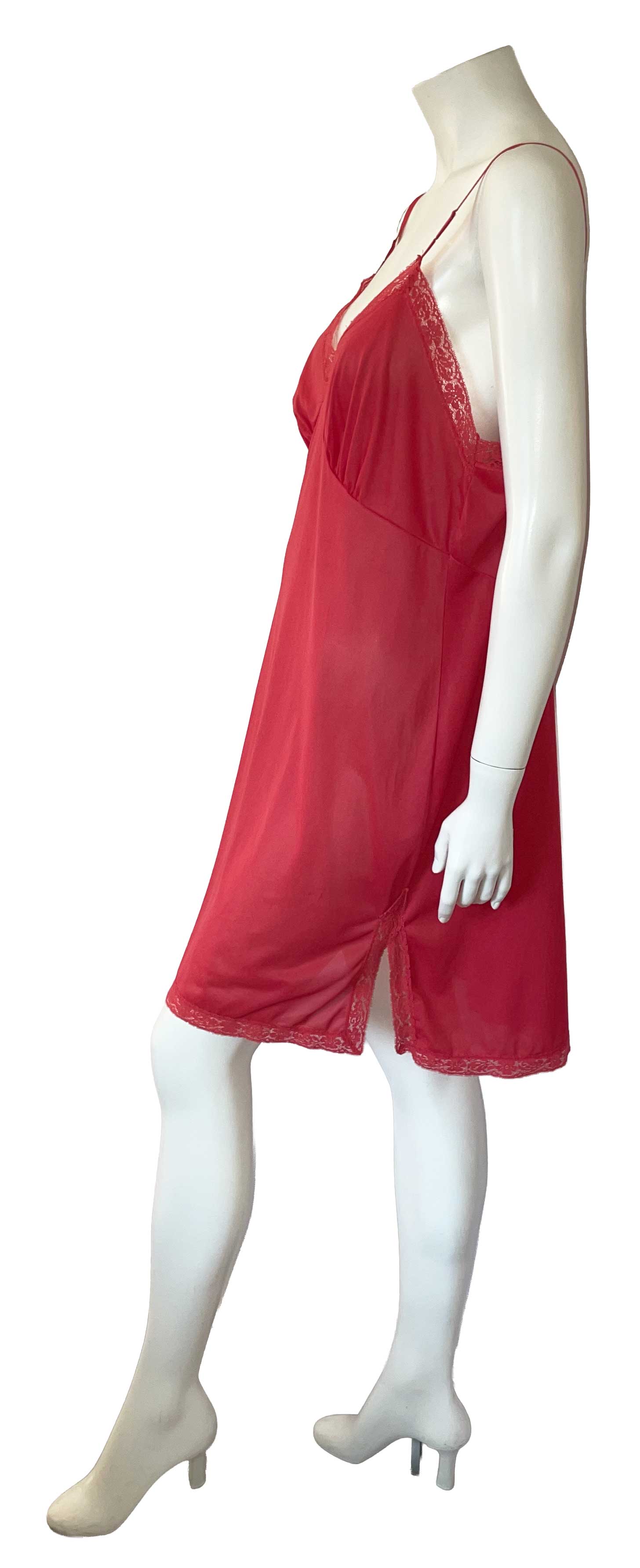Vintage red nylon lace trimmed slip