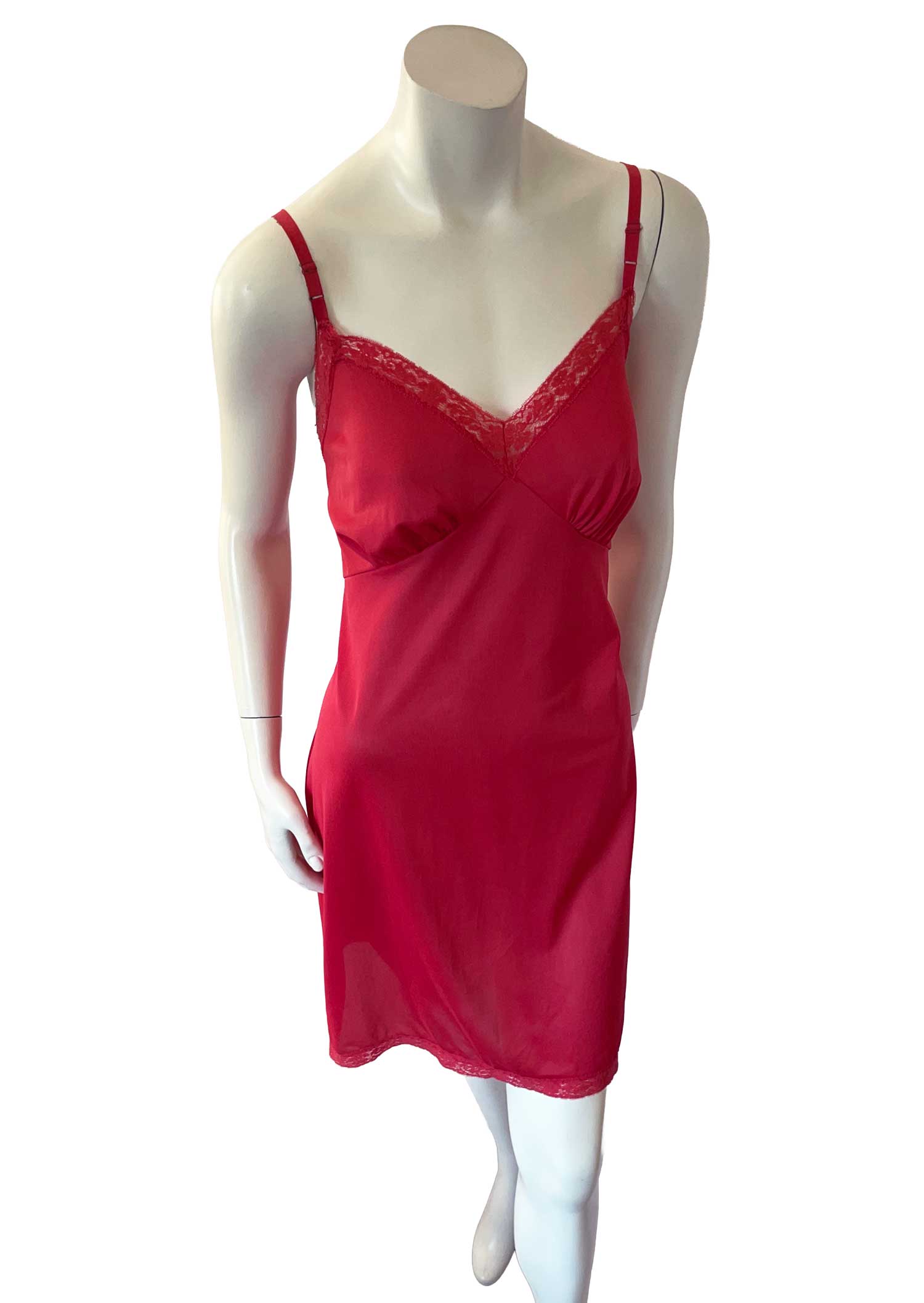 Vintage red nylon lace trimmed slip