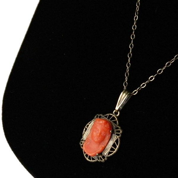 Sterling silver coral cameo necklace