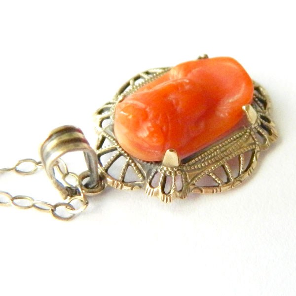 Sterling silver coral cameo necklace