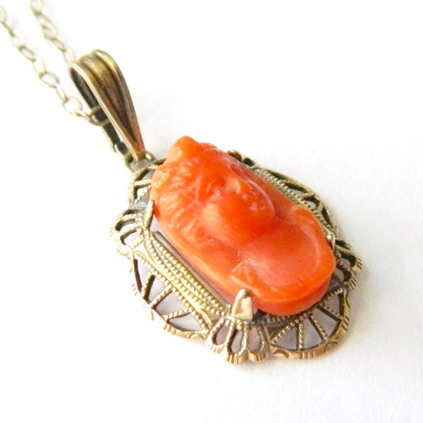 Sterling silver coral cameo necklace