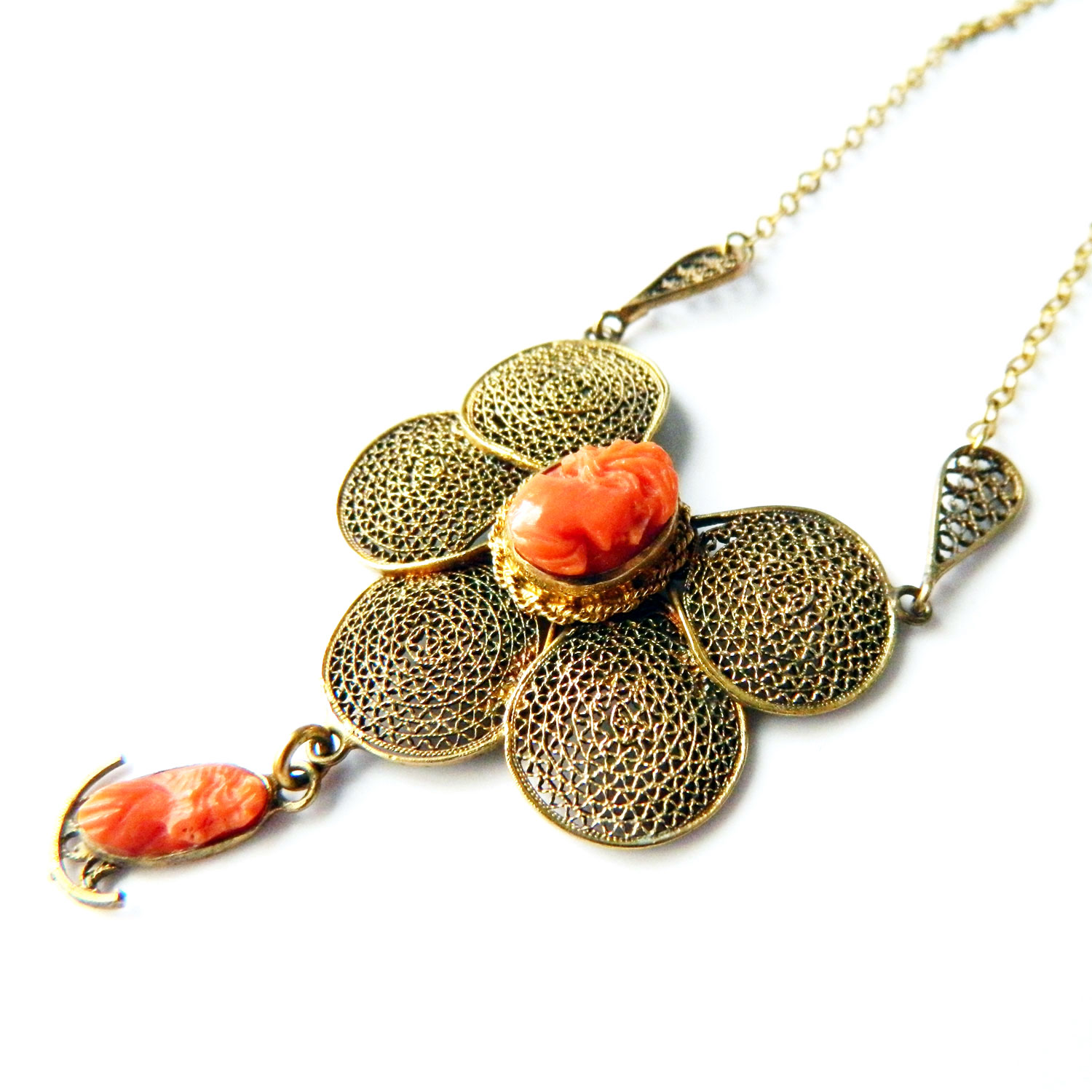 Sterling silver coral cameo necklace