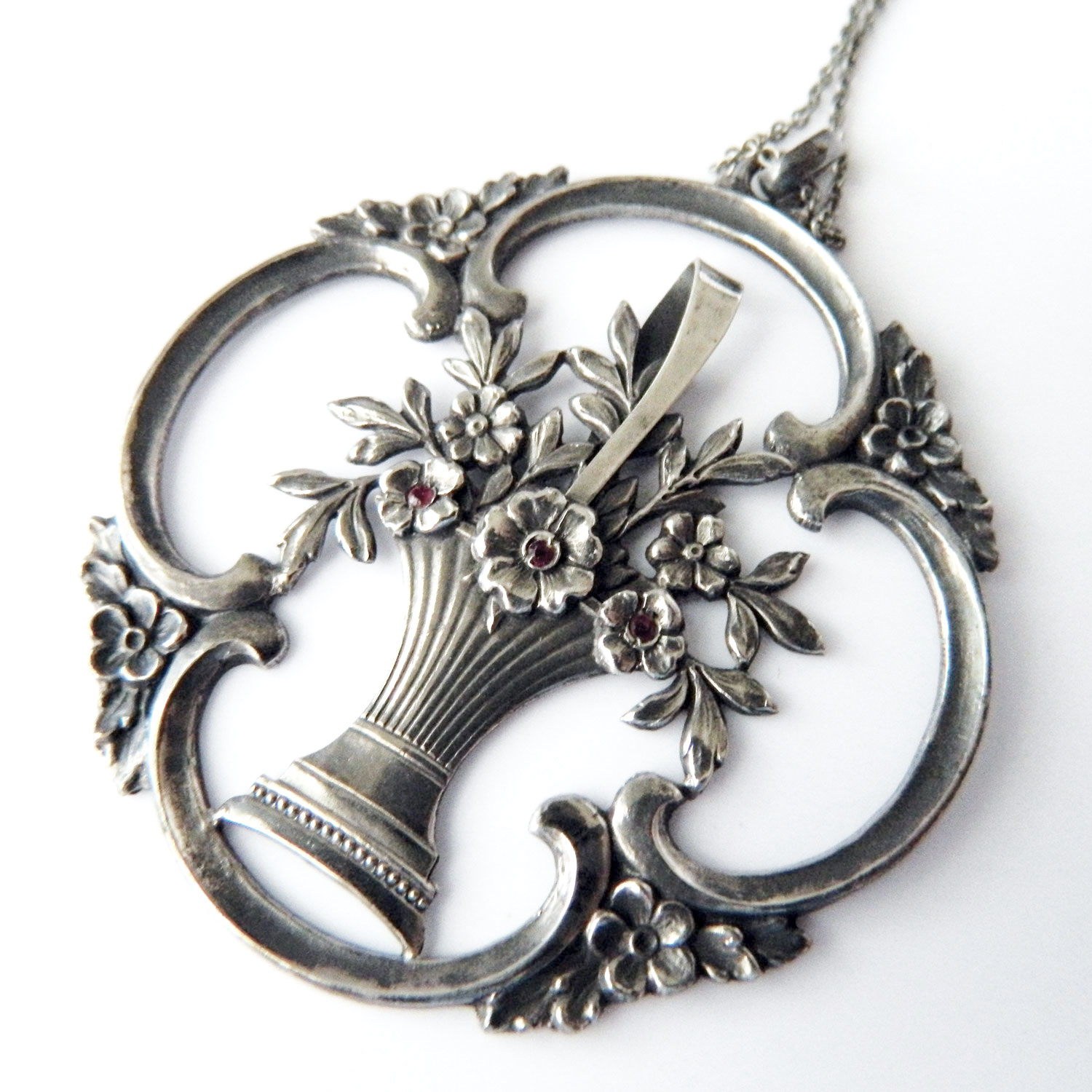 1940s Silver Flower Pot Pendant Necklace