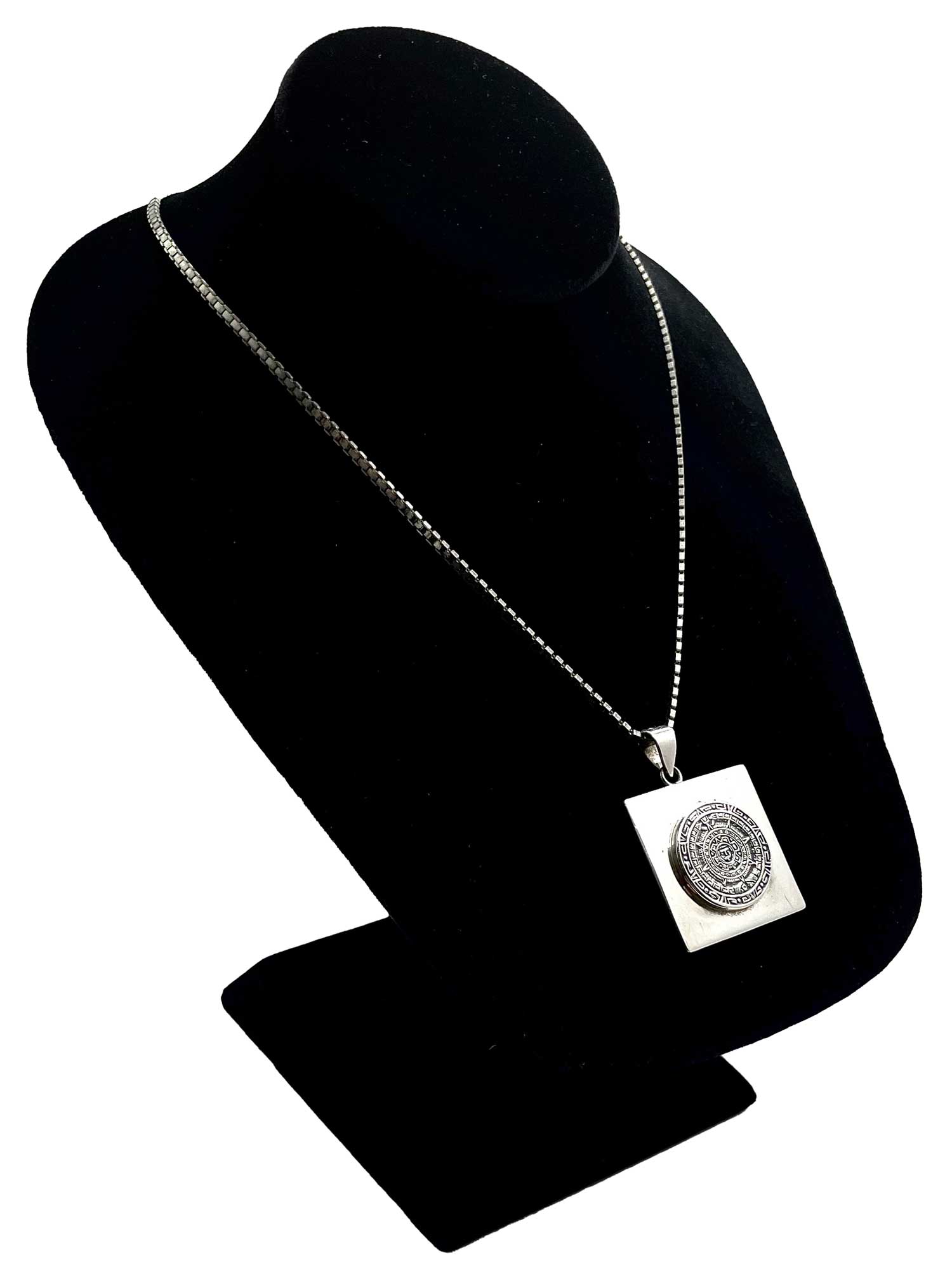 Mexican silver Aztec calendar pendant