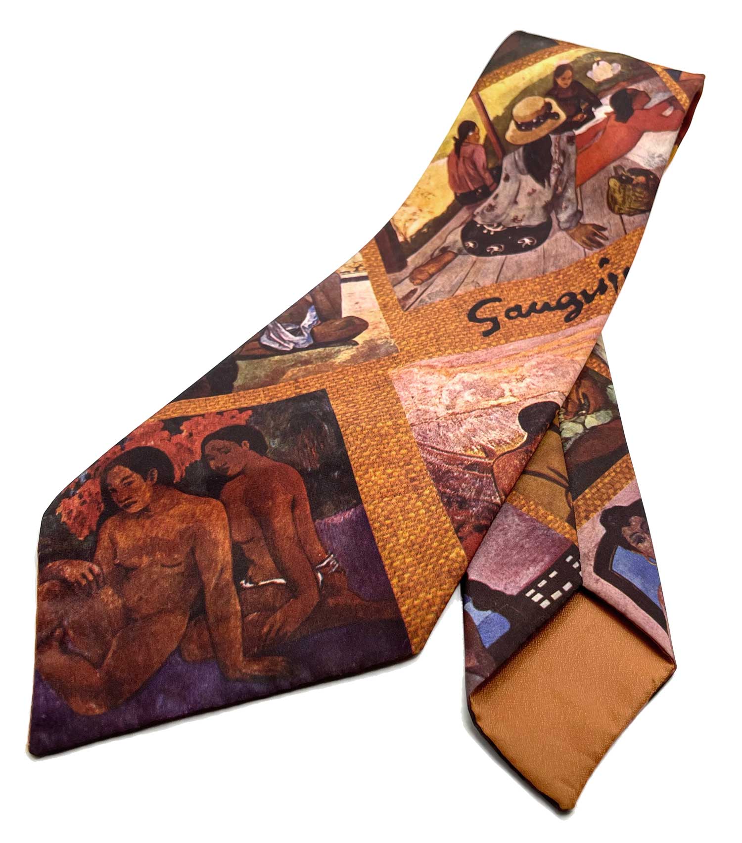 1970s photo print tie featuring the art of Paul Gauguin