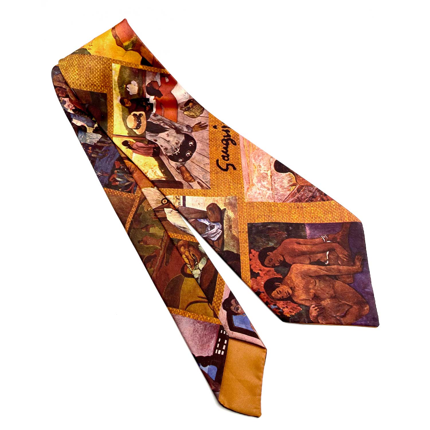 1970s photo print tie featuring the art of Paul Gauguin