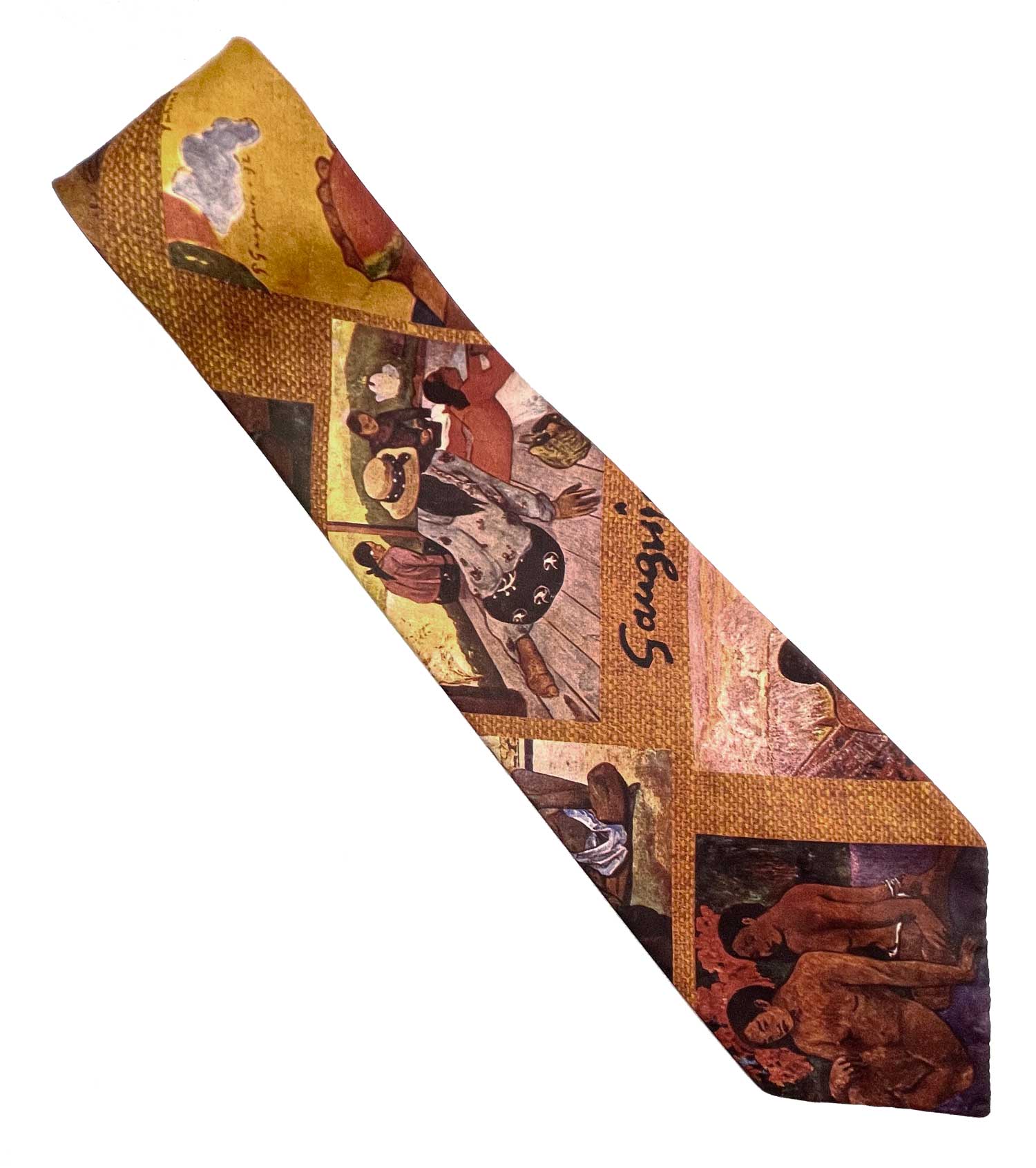 1970s photo print tie featuring the art of Paul Gauguin