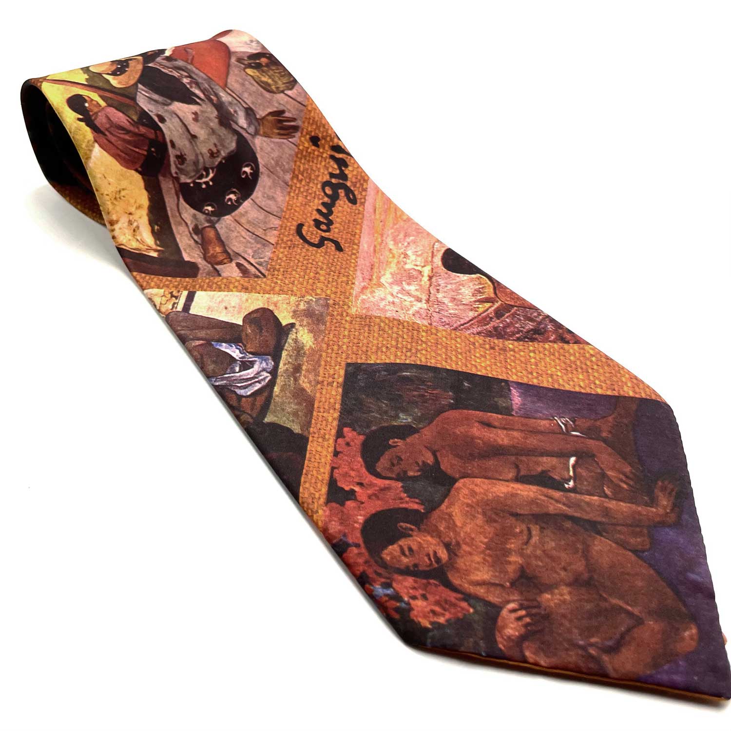 1970s photo print tie featuring the art of Paul Gauguin